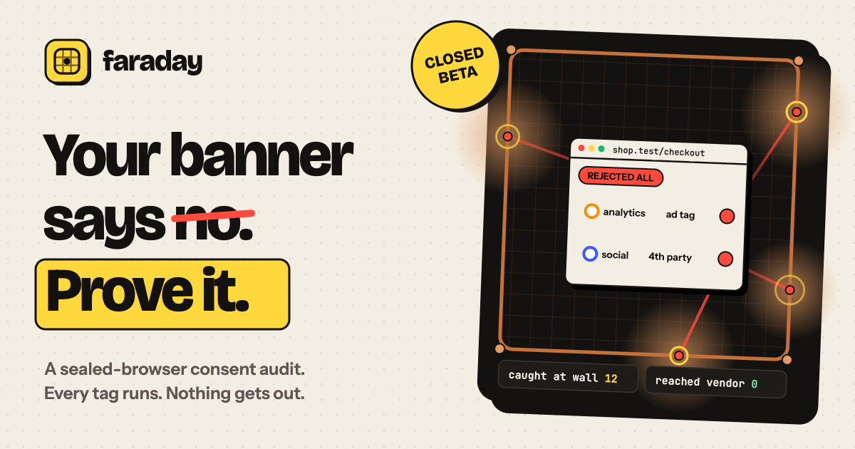 Faraday share card: Your banner says no. Prove it. A checkout page inside a copper cage, with requests caught at the wall and zero reaching a vendor.